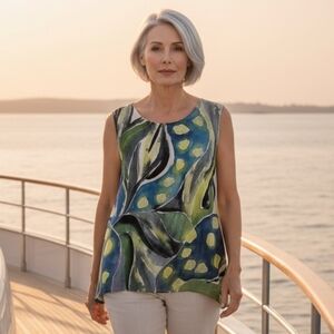 Poshaq by Joyita Ghose Lagenlook Hand Painted Silks Linen Trapeze Tank Top XL